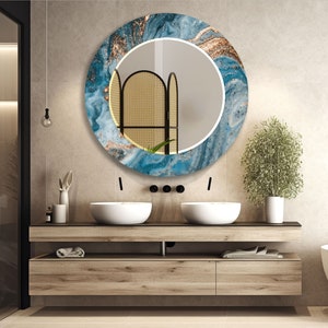 Blue Tempered Round Gold Vanity Entryway Bedroom Mirror, glass art printsative Bathroom Mirror