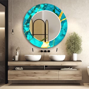 Tempered Glass Mirror Wall Decor for Bathroom Mirror-Gold Wall Mirror-Round Mirror-Turquoise Circle Mirror-Decorative Mirror-Bedroom Mirror image 1