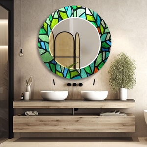 Asymmetrical Tempered Glass Wall Mirror: Green Stained Glass Decor