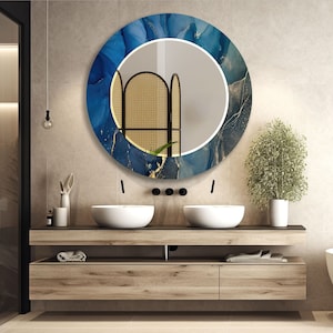 Tempered Glass Mirror Wall Art for Bathroom Mirror, Modern Hallway Mirror, Framed Mirror, Blue Alcohol ink Abstract Mirror, Bedroom Mirror