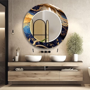 Gold and Blue Abstract Mirror, Modern Rectangular Wall Mirror, Luxury Glass Wall Art, Handcrafted Elegant Vanity Mirror