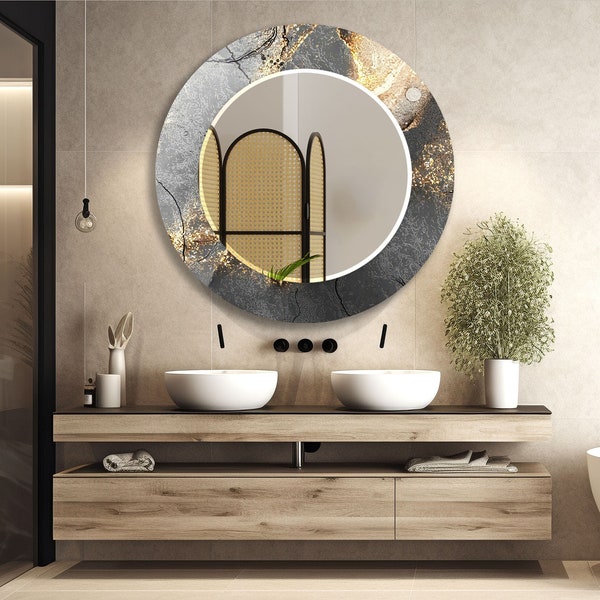 Tempered Glass Mirror Wall Decor Gray Bathroom Mirror-Hallway Wall Mirror-Framed Mirror-Gold Round Mirror-Luxury Mirror-Bedroom Mirror