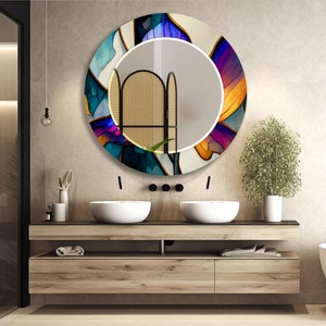 Tempered Glass Mirror Wall Art for Bathroom Mirror-Blue Circle Wall Mirror-Panoramic Mirror-Entryway Mirror-Colorful Mirror-Bedroom Mirror