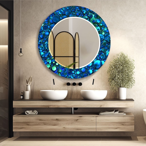 Tempered Glass Mirror Wall Decor for Bathroom Mirror-Entryway Wall Mirror-Circle Mirror-Vanity Mirror-Blue Mosaic Mirror-Stained Mirror