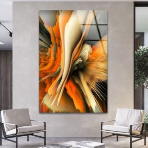 Arte su vetro temperato-Arte su stampa su vetro-Arte murale su vetro temperato-Decorazione murale in vetro-Appendiabiti-Arte astratta gialla-Arte murale frattale arancione