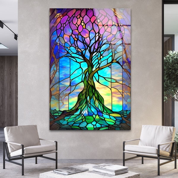 oeuvre d'art en verre trempé - oeuvre d'art murale en verre trempé - décoration murale en verre - décoration de vitrail - oeuvre d'art vie de l'arbre - oeuvre d'art murale arbre de vie