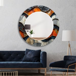 Blue Mosaic Tempered Glass Round Wall Mirror - Entryway Vanity Decor