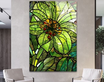 Green Stained Glass Wall Art, Botanical Glass wall panel, Large Tempered Glass Wall Art, Elegant Floral Glass Printing Art