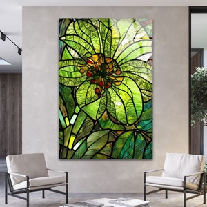 Green Stained Glass Leaf Art: Botanical Tempered Glass Wall Decor