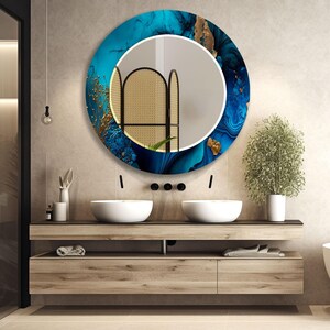 Asymmetrical Tempered Glass Wall Mirror: Blue & Gold Accent