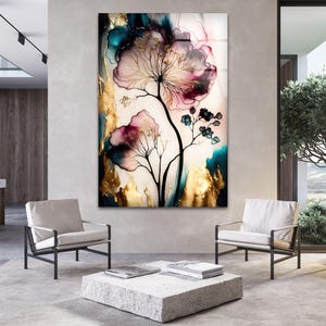 Abstract Floral Glass Wall Art: Modern Gold Accent Decor