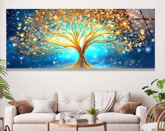 Tree of Life Tempered Glass Art: Golden Tree Panoramic Wall Decor