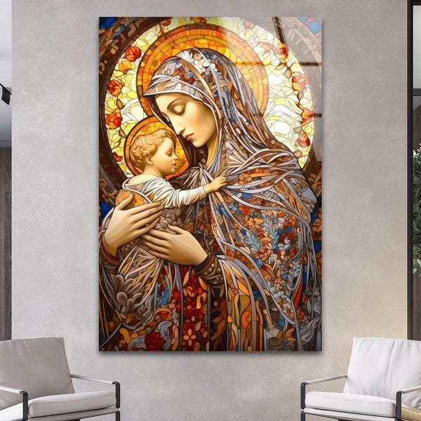 Madonna & Child Tempered Glass Wall Art, Stained Glass Style