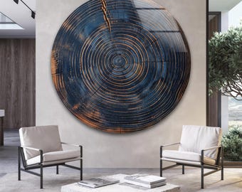 Navy Tree Ring Glass Wall Art, Copper Wood Grain Circle Design, Rustic Round Tempered Glass Artwork