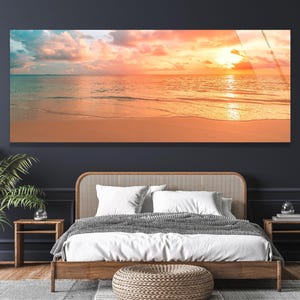 Panoramic Beach Sunset Glass Wall Art, Golden Ocean Modern Wall Art, Coastal Large Wall Decor, Unique Beach House Home Decor