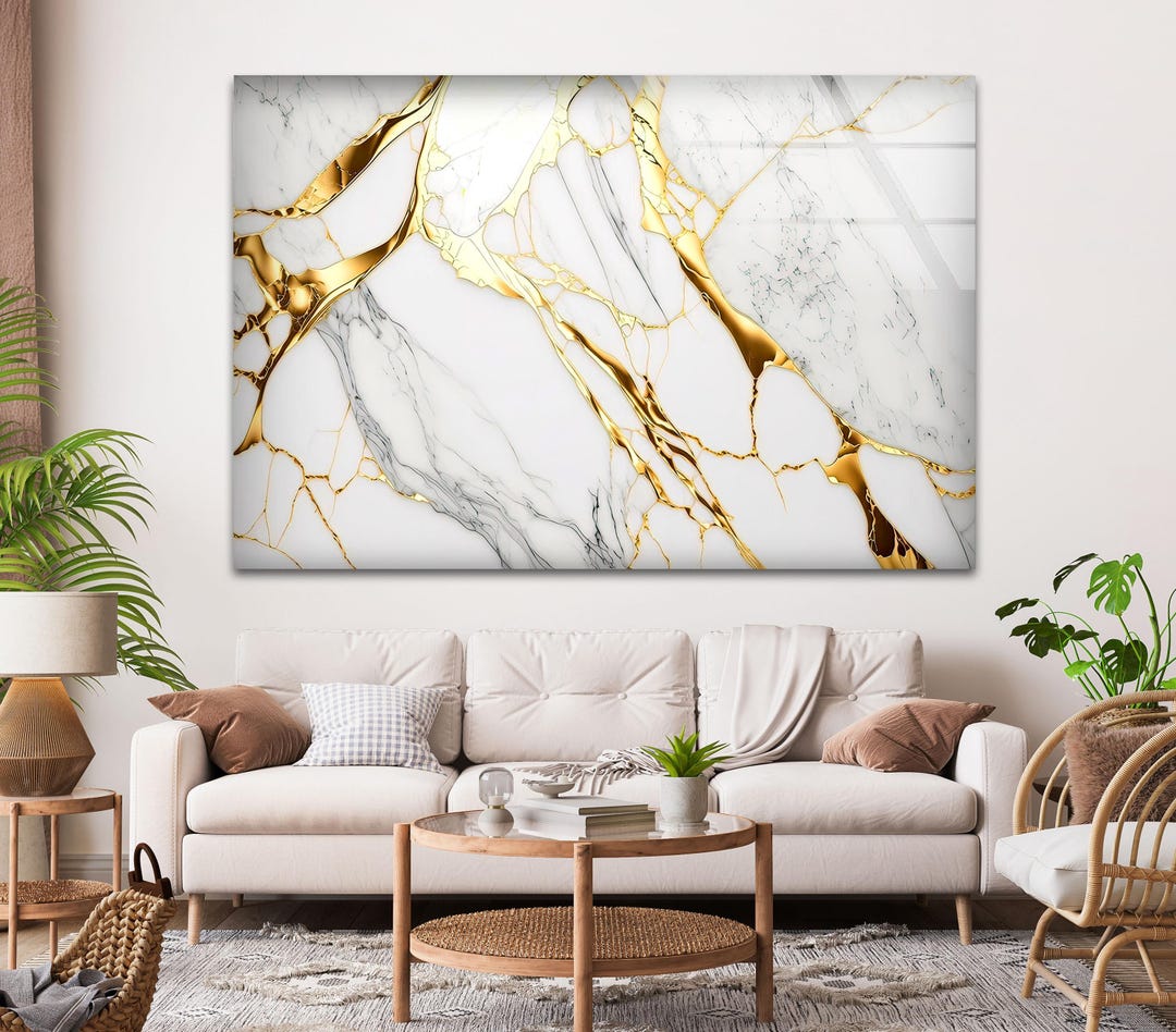 Gold Vein Marble Glass Wall Art, Modern Minimalist Decor - Etsy
