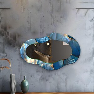 Blue Marble Asymmetrical Wall Mirror, Irregular Modern Statement Mirror Wall Decor, Coastal Entryway Bathroom Mirror for Home