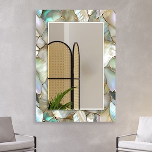 Iridescent glass wall mirror with pearl effect frame in modern interior