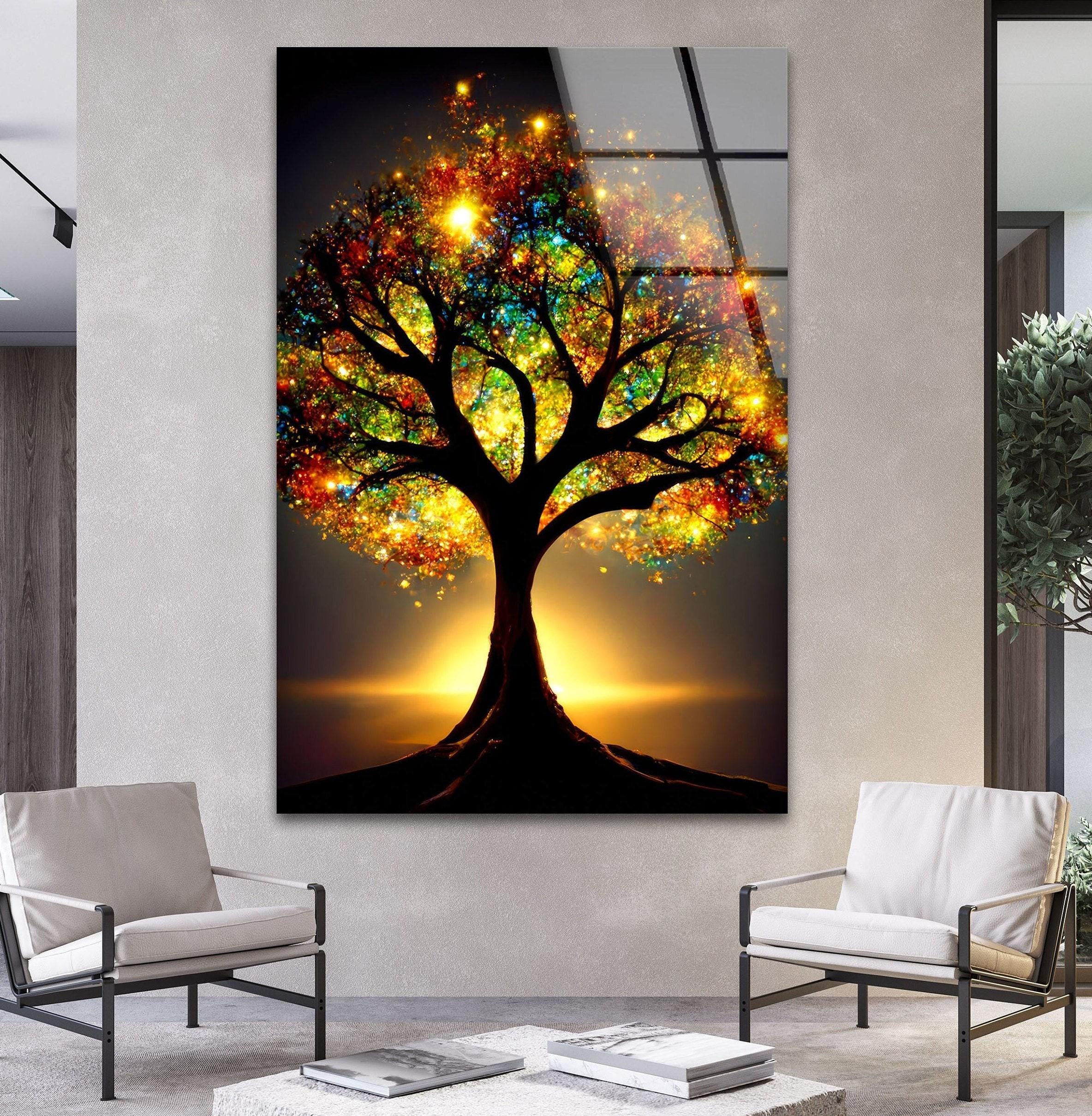 Tableau Mural En Verre Trempé - Déco Moderne, Motif Arbres Et Soleil, Sur Mesure