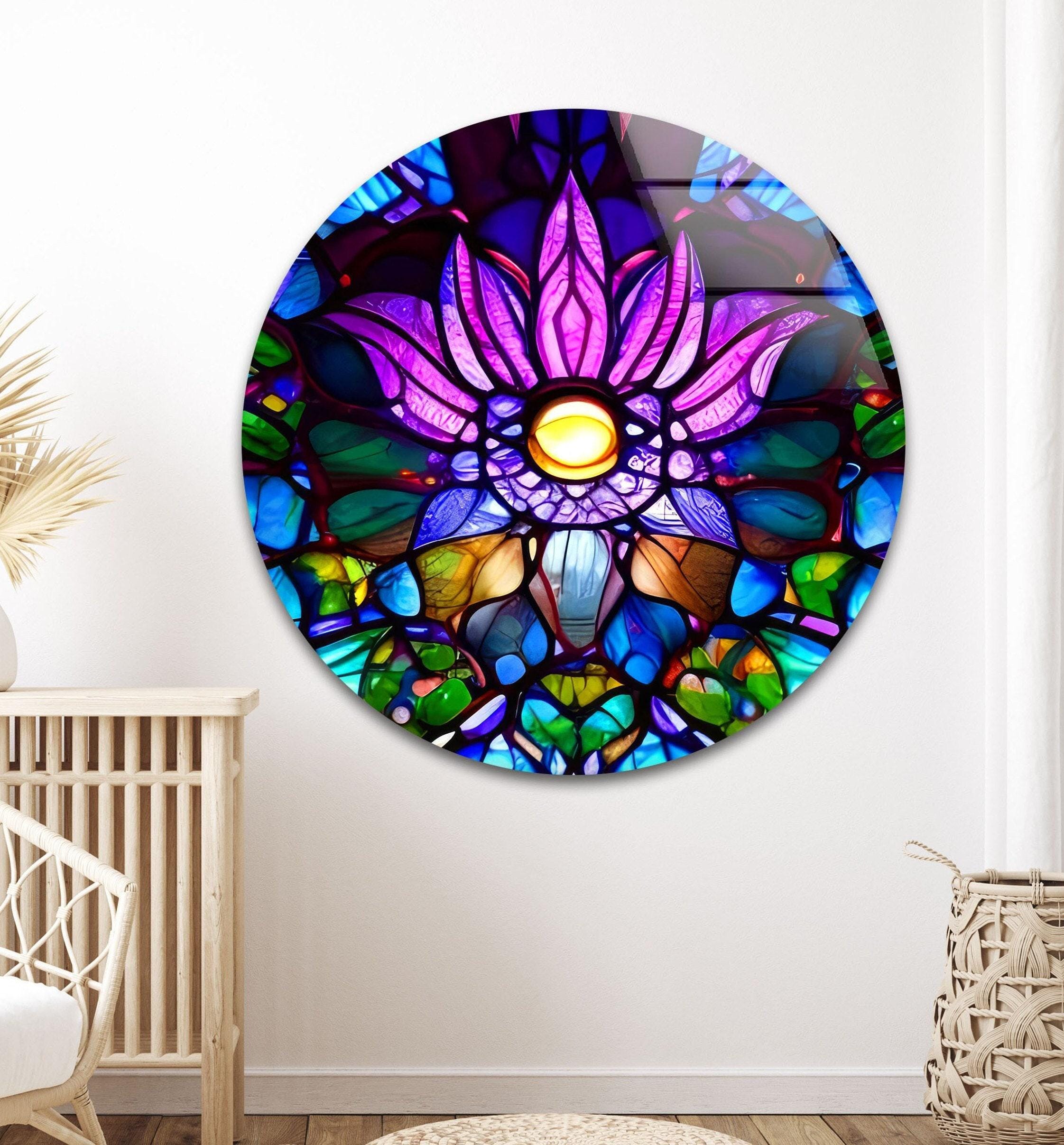 紫の蓮のステンドグラス強化ガラス壁アート、青緑モザイク曼荼羅花