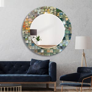 a living room with a blue couch and a round mirror