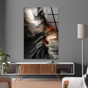 Black White Abstract Tempered Glass Wall Art, Neutral Smoke Burst Panel with Warm Copper Accents, Modern Statement Decor