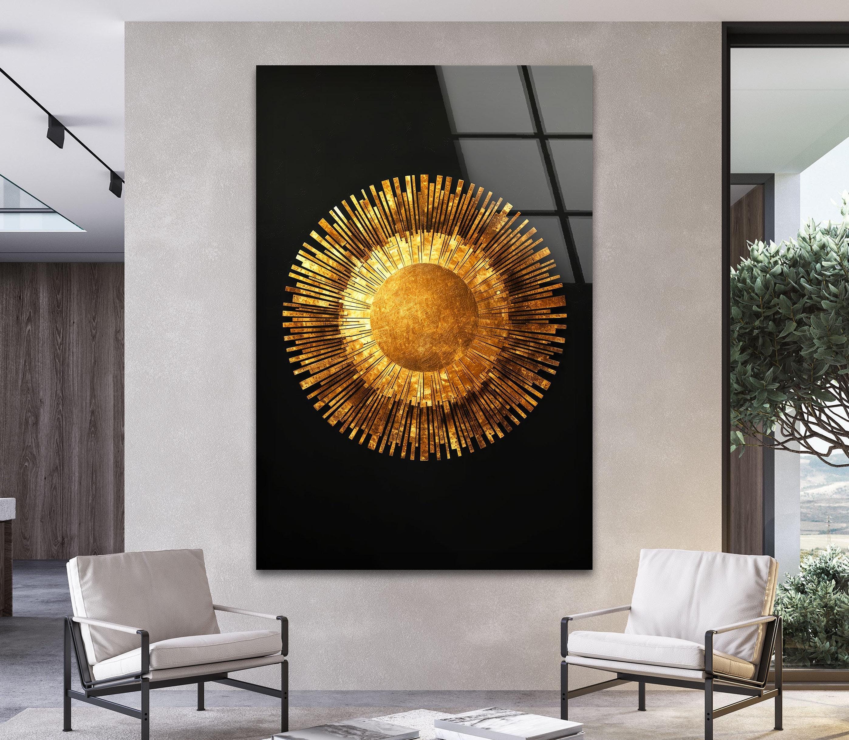 Golden Sunburst Glass Wall Art, Radiant Circle Design - Etsy