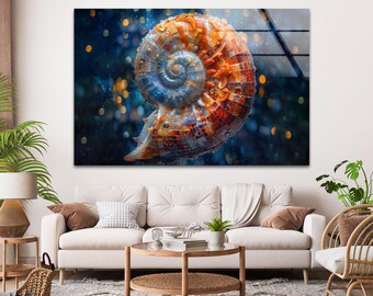 Decoración de pared de cristal con forma de concha de nautilo, arte de pared moderno con temática del océano azul y naranja, decoración de pared grande costera, regalo único para la decoración del hogar en una casa de playa.