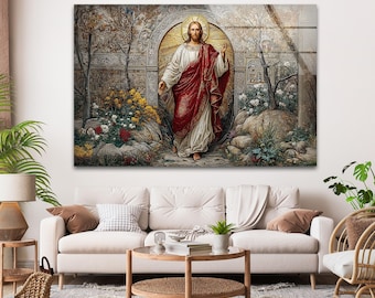 Cuadro de cristal para pared con temática del Jardín de Jesús, decoración sagrada cristiana para el hogar.