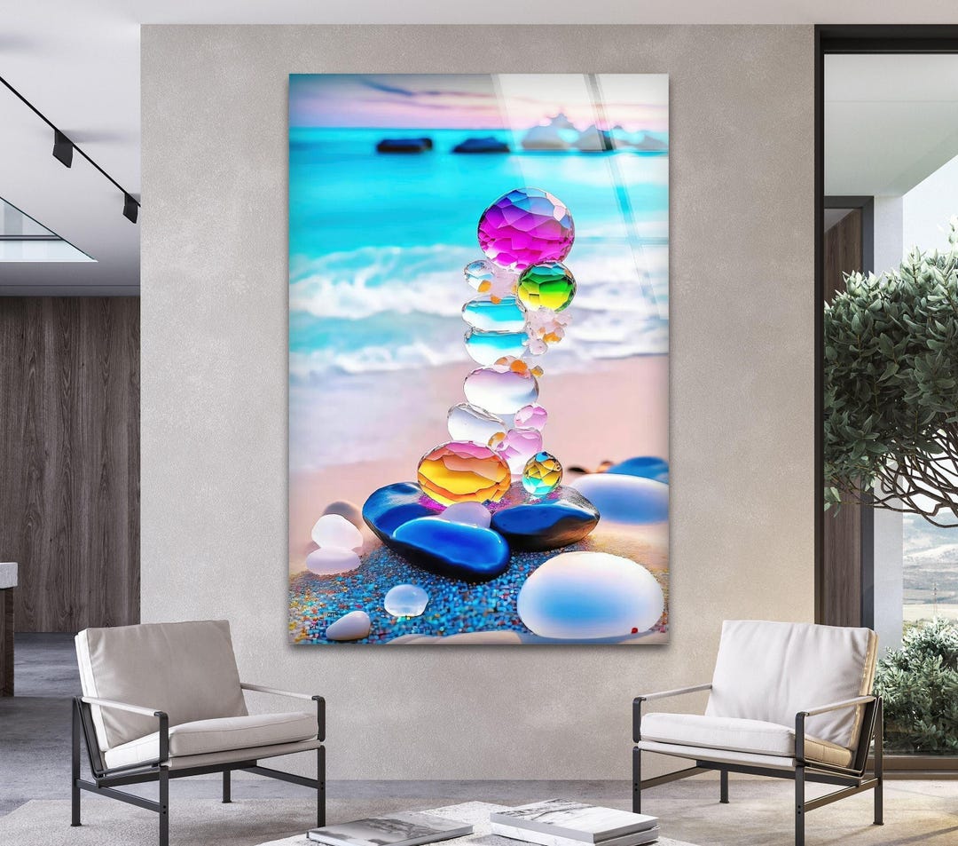 Zen Balance Fantastic Glass Wall Art, Colorful Stone Meditation Artwork ...