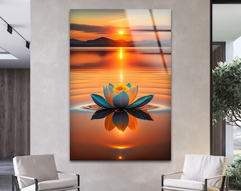 Lotus Flower Glass Wall Art, Tranquil Sunset Glass Artwork, Large Zen Water Lily Glass Print, Serene Nature glass art prints
