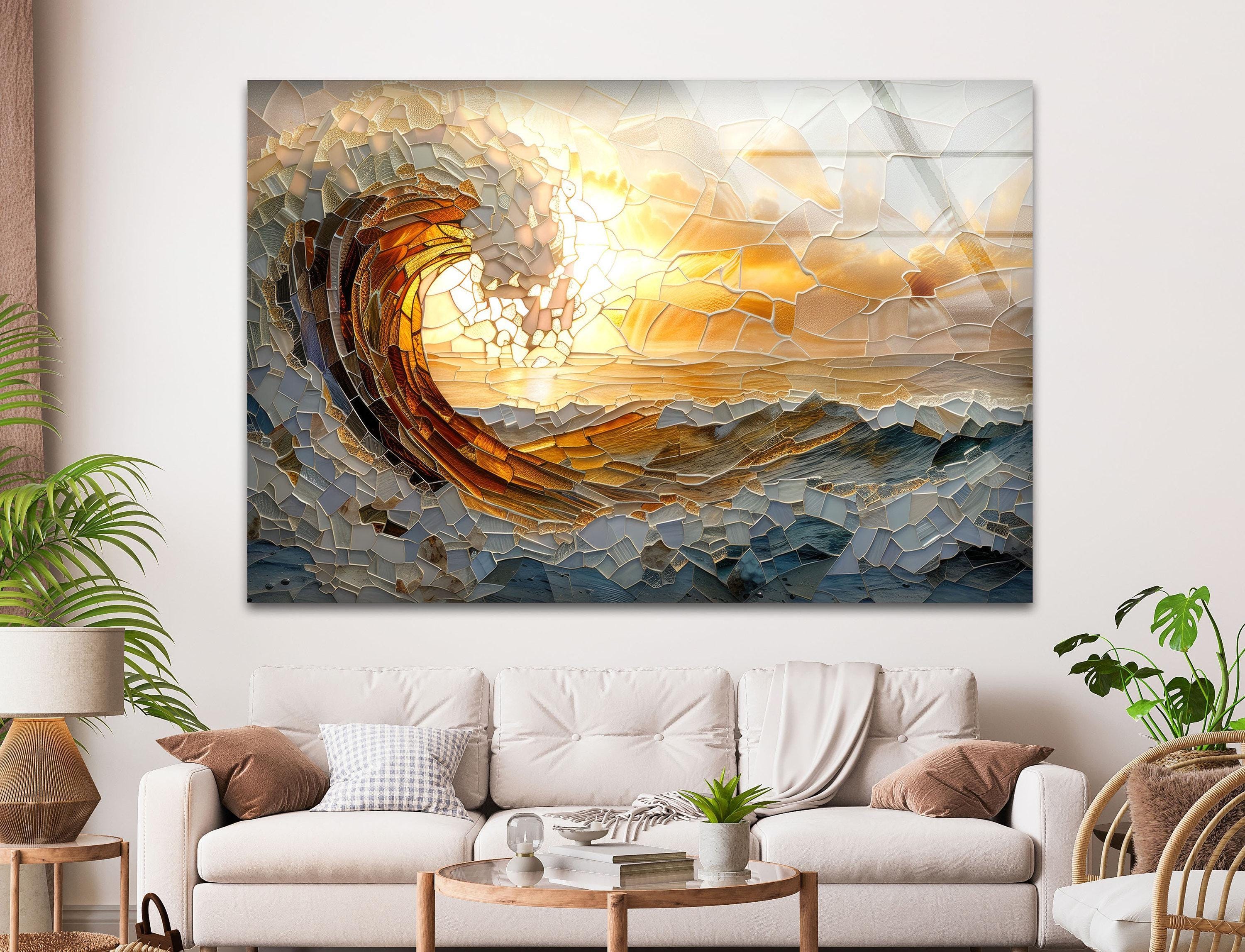 Sunset Ocean Wave Tempered Glass Wall Art, Golden Surf Seascape