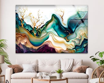 Cuadro de pared de cristal con mármol azul verdoso y dorado, diseño abstracto fluido moderno.