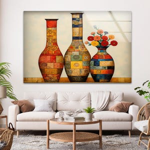 Arte de pared de vidrio con jarrón moderno, diseño de bodegón de cerámica con patchwork colorido, decoración de pared de vidrio contemporánea bohemia para sala de estar y cocina.