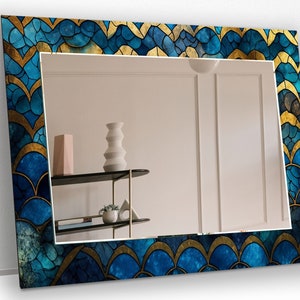 Blue Tempered Glass Wall Mirror: Asymmetrical Golden Accent Decor