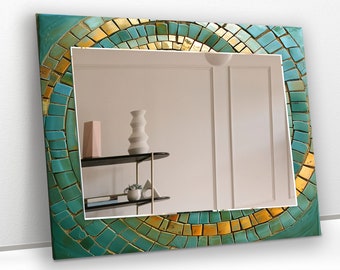 Tempered Glass Mirror Wall Decor for Bathroom Mirror-Round Wall Mirror-Circle Mirror-Vanity Mirror-Green Mosaic Mirror-Gold Mosaic Mirror