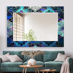 Tempered Glass Mirror Wall Art for Bathroom Mirror, Modern Hallway Wall Mirror, Blue Tile Mirror, Vanity Mirror, Ethnic Mirror