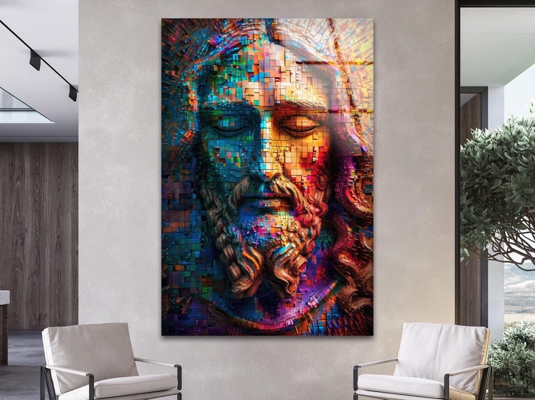 Colorful Jesus Portrait Glass Wall Art, Sacred Face Mosaic Style Photo ...