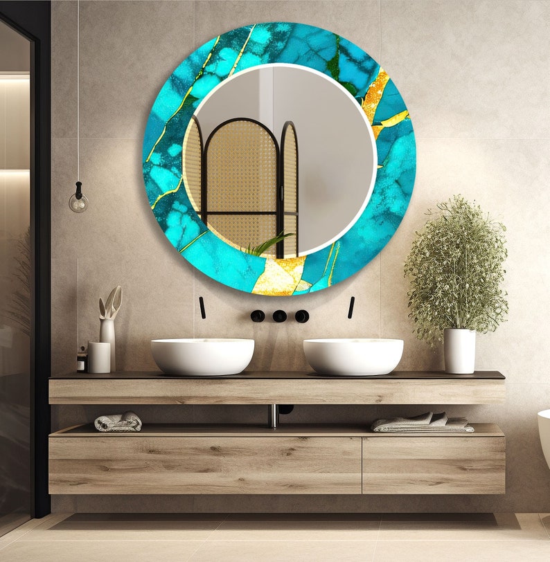 Tempered Glass Mirror Wall Decor for Bathroom Mirror-Gold Wall Mirror-Round Mirror-Turquoise Circle Mirror-Decorative Mirror-Bedroom Mirror image 1