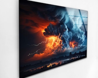 Storm Cloud Tempered Glass Wall Art, Dramatic Lightning Sky Panel with Fire Orange Glow, Modern Moody Decor for Living Room