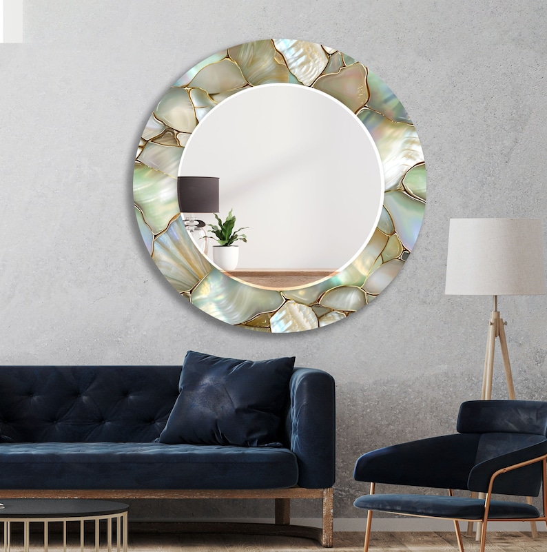 Tempered glass mirror featuring iridescent pearl details on the frame