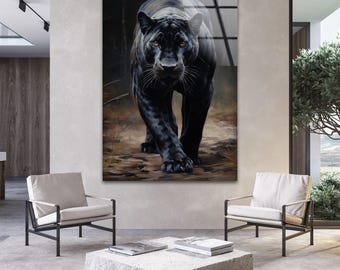 Black Panther Tempered Glass Wall Art, Dark Big Cat Wildlife Portrait Panel, Modern Safari Animal Decor for Living Room Office