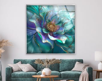 Teal Purple Floral Glass Wall Art – Luxury Tempered Panel for Living Room Decor