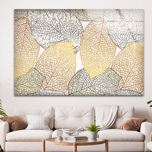 Beige Leaves Tempered Glass Wall Art, Artistic Glass Print