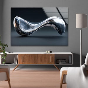 Arte de pared de vidrio templado abstracto cromado, panel de ondas líquidas plateadas con fondo oscuro, decoración minimalista moderna de lujo para el hogar.