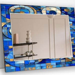 Blue Tempered Glass Wall Mirror: Asymmetrical Stained Glass Decor