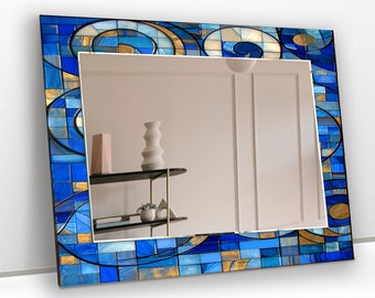 Tempered Glass Mirror Wall Decor for Bathroom Mirror-Entryway Wall Mirror-Circle Mirror-Vanity Mirror-Blue Mosaic Mirror-Stained Mirror