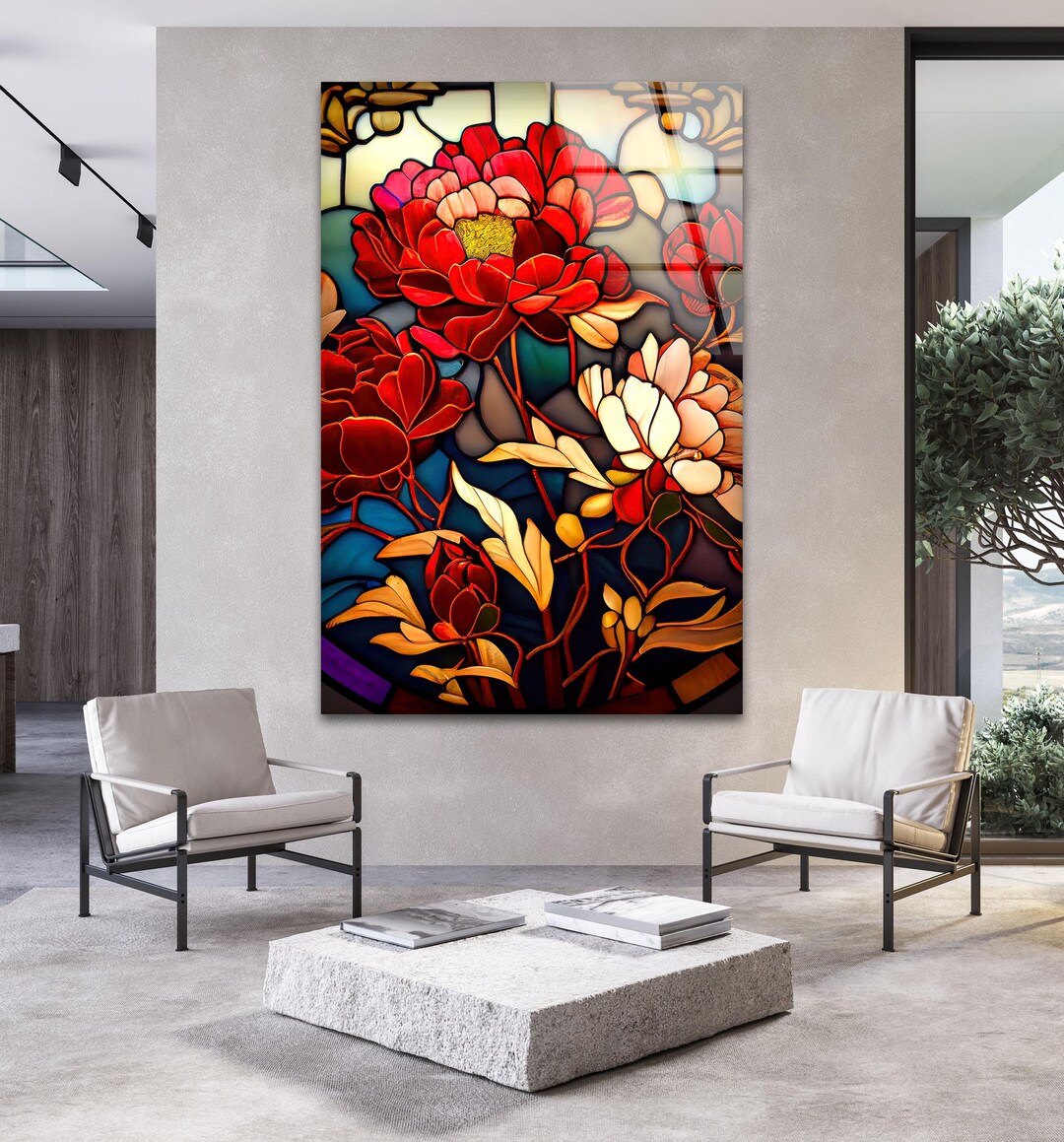 Red Floral Tempered Glass Wall Art, Stained Glass Style Peony Bouquet ...