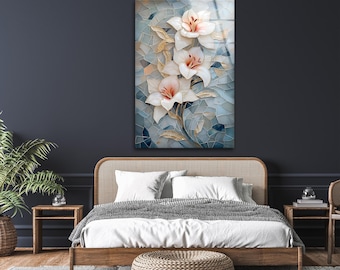 White Lilie Glass Wall Art - Elegante gehärtete Glasplatte mit blühenden Lilien und Mosaik-Textur für Wohnzimmer oder Schlafzimmer
