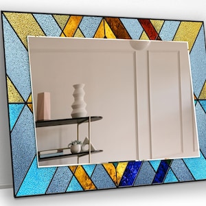 Tempered Glass Mirror Wall Art for Blue Bathroom Mirror, Blue Round Wall Mirror, Stained wall Mirror, Mirror, Bedroom Mirror Design